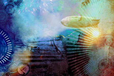 Colorful vintage steampunk design background with cogs, airship, clocks, fireworks and steam engine elements. Grunge textured digital photo illustration.の写真素材