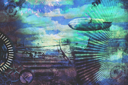 Vintage steampunk design background with airship, clocks, fireworks and steam engine elements. Grunge textured digital photo illustration. Cloud background in blue tones.の写真素材