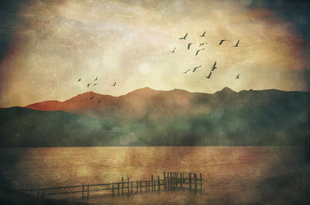 Grunge misty rain textured moody landscape and flock of birds at Lake Te Anau jetty, New Zealandの写真素材