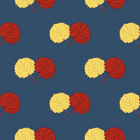 seamless pattern with yellow and orange tree leaf images on a blue backgroundのイラスト素材