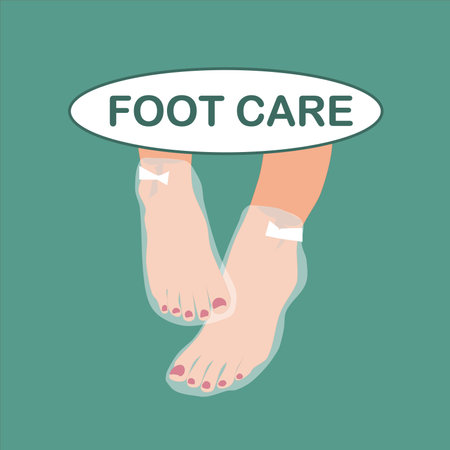 image of womens naked feet in a foot mask and the inscription foot careのイラスト素材