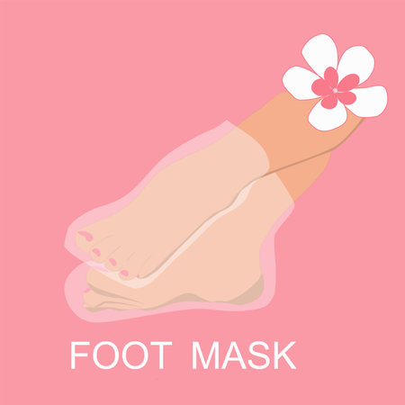 image of naked female feet in a foot mask on a pink background with a flowerのイラスト素材
