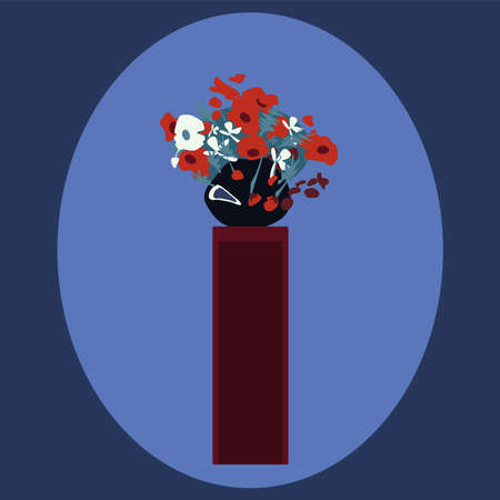 vector image of a vase with flowers on a stand on a blue backgroundのイラスト素材