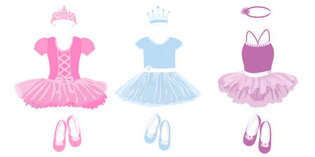 vector set of three childrens dresses, shoes and crowns for little princessesのイラスト素材