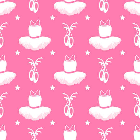 vector seamless pattern with a picture of a tutu, pointe shoes and stars on a pink backgroundのイラスト素材