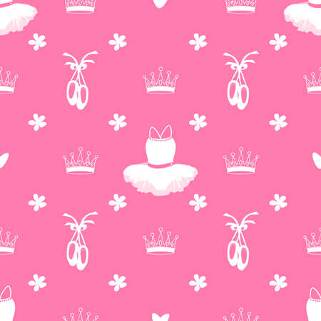 vector seamless pattern featuring tutu, pointe shoes, crowns and flowers on a pink backgroundのイラスト素材