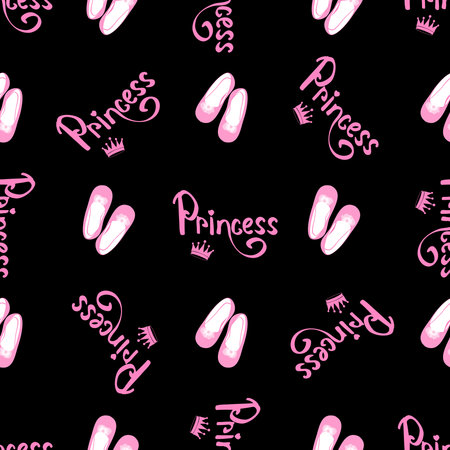 vector pattern with the inscription Princess, crown and shoes in pink on a black backgroundのイラスト素材