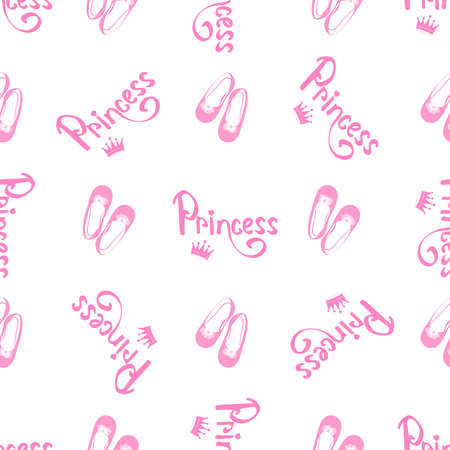 vector pattern with the inscription Princess, crown and shoes in pink on a white backgroundのイラスト素材