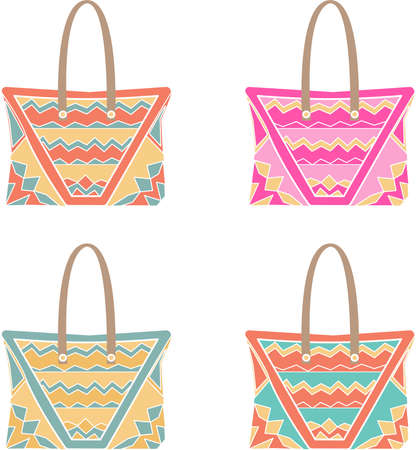 vector set of four illustrations of a beach bag in bright colorsのイラスト素材