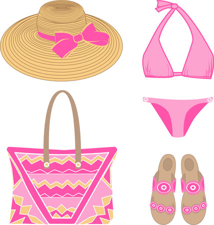vector set of beachwear, including bikini swimsuit, sandals, hat, bag in pink and yellow colors on a white backgroundのイラスト素材