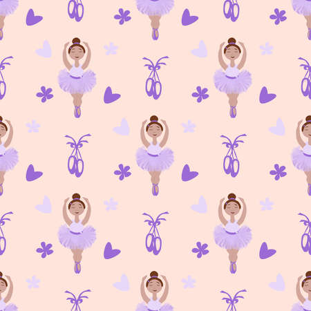 vector seamless pattern with a small ballerina in a lilac tutu, pointe shoes and other decorのイラスト素材