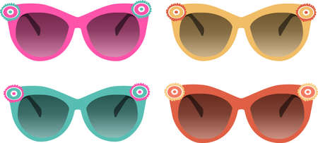 vector set of their four sunglasses in different colors with floral decor on a white backgroundのイラスト素材