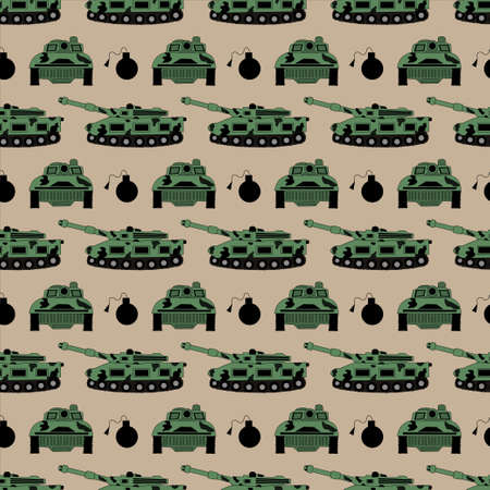 vector seamless pattern with the image of a tank from different sides and a bomb on a beige backgroundのイラスト素材