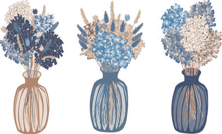 vector set of three vases with flowers and dried flowers in boho style in blue and beige tones on a white backgroundのイラスト素材