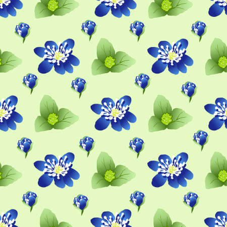 vector seamless pattern with blue flowers and leaves on a light green backgroundのイラスト素材