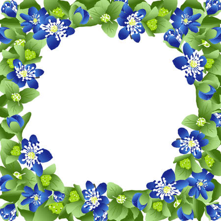 vector frame of bright blue flowers and green leaves with space for textのイラスト素材