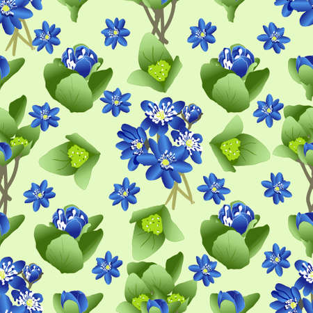 vector seamless pattern with green leaves and blue flowers in bright colorsのイラスト素材