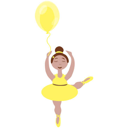 vector image of a little ballerina girl with a tutu and pointe shoes and a balloon in yellow tones on a white backgroundのイラスト素材