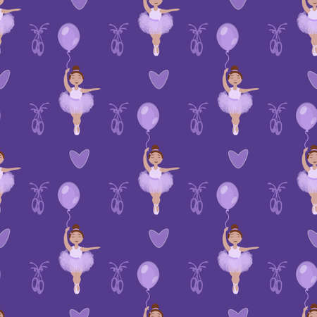 vector seamless pattern with the image of a little ballerina girl and balloon and other decor in lilac tonesのイラスト素材