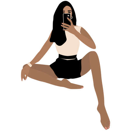 vector image of a sitting girl with a phone taking a selfie on a white backgroundのイラスト素材