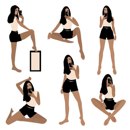 vector set of six girls taking selfies on a mobile phone in different poses on a white backgroundのイラスト素材