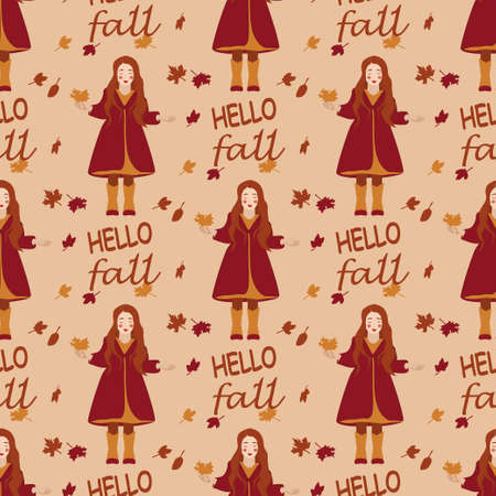 vector seamless pattern with the image of a little girl with autumn leaves and the inscription Hello fallのイラスト素材