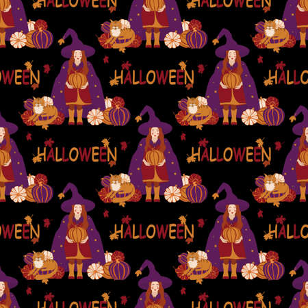 vector seamless pattern with the image of a little witch with pumpkins and the inscription Halloweenのイラスト素材