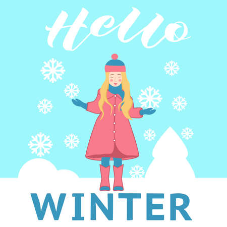 vector image of a little girl in winter with snowflakes and the inscription Hello winterのイラスト素材