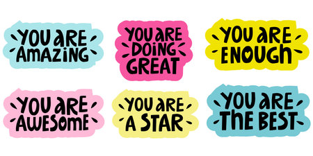 vector set of handwritten motivating inscriptions in the form of stickers in a casual styleのイラスト素材