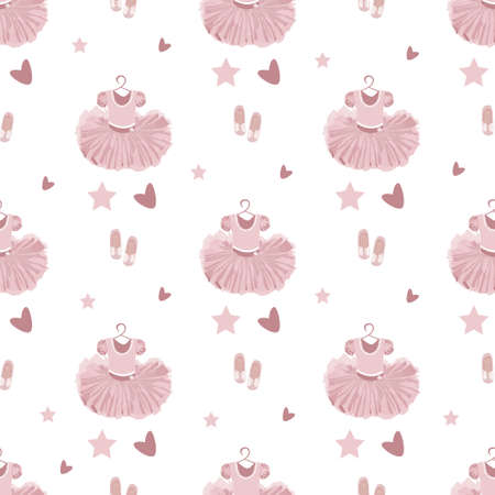 vector seamless pattern with the image of a childrens tutu, shoes and other decor in a delicate pink colorのイラスト素材