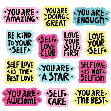 vector set of handwritten motivating inscriptions on the theme of self-love in the form of stickersのイラスト素材