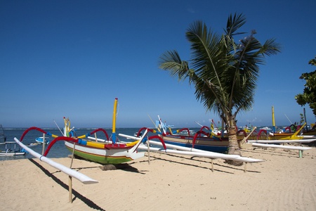Boats on Sanur Beach, Baliの写真素材