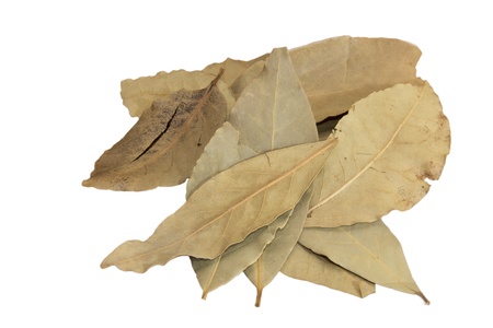 Dried bay leaves isolated on white backgroundの写真素材