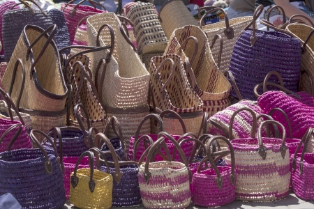 Baskets for sale in the souk in Marrakech, Moroccoの写真素材