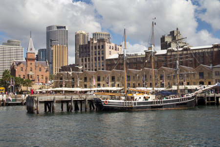 SYDNEY, AUSTRALIA-APRIL 4TH  A yacht moored at the Rocks District in Sydney Harbour on 4th April 2013  The Rocks District was formed shortly after Australia was colonised in 1788 のeditorial素材