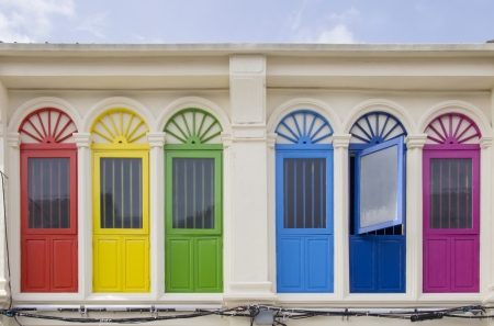 Newly renovated colourful windows in Phuket Townの写真素材