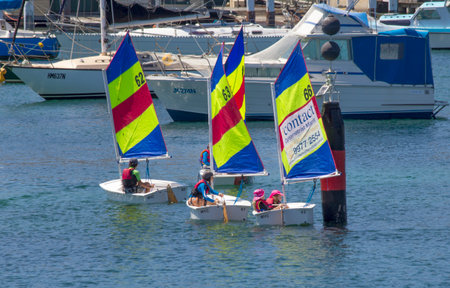 MANLY, AUSTRALIA-DECEMBER 19TH 2013  Children learning the basics of sailing in dinghies in Manly harbour  Sailing is a very popular sport in Australia のeditorial素材