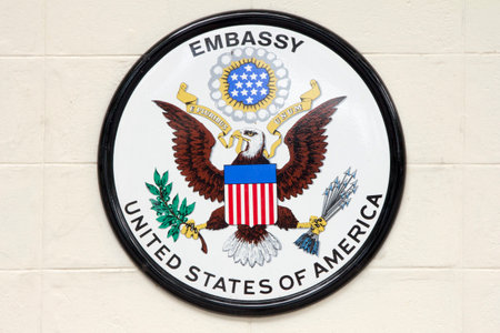 Bangkok, Thailand-September 22nd 2014. The US embassy sign. The embassy is located on Wireless Road in the heart of Bangkok.のeditorial素材