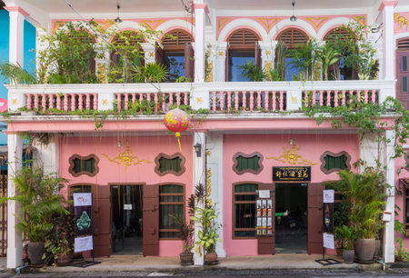 Phuket, Thailand-November 12th 2014: Restored Sino Colonial buildings in Soi Romanee.  Many old buildings undergoing restoration.のeditorial素材