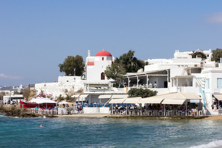 Harbourfront restaurants in Mykonos, Greeceの写真素材