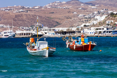 Boats moored in Mykonos harbourの写真素材