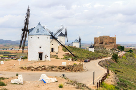View of windmills of Consuegra and the Castille do la Muelaのeditorial素材