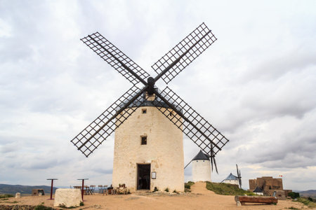 View of windmills of Consuegra and the Castille do la Muelaのeditorial素材