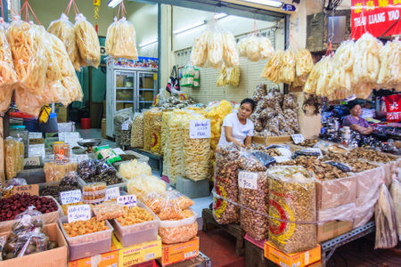 Bangkok, Thailand - April 21st 2011. Shop selling dried foods. Chinatown has many such shopsのeditorial素材