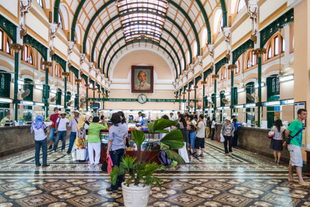 Ho Chi Minh City, Vietnam-February 25th 2010: Interior of Saigon Central Post Office. The building was completed in 1891 and designed by Gustave Eiffel.のeditorial素材