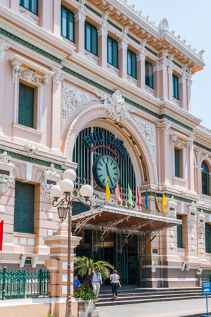 Ho Chi Minh City, Vietnam-February 25th 2010: Front entrance to the Saigon Central Post Office. The building was completed in 1891 and designed by Gustave Eiffel.のeditorial素材