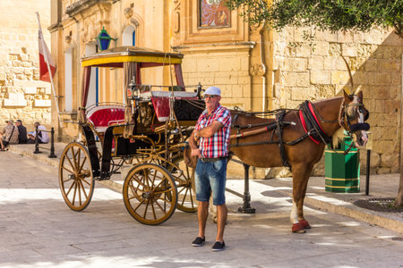 Valetta, Malta - September 13th 2015: A driver stands by his horse and carriage. They are used by tourists for sightseeing trips.のeditorial素材