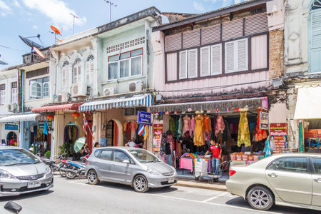 Phuket, Thailand - August 17th 2013: Thalang road in old Phuket town. The architecture is typical sino portuguese style.のeditorial素材