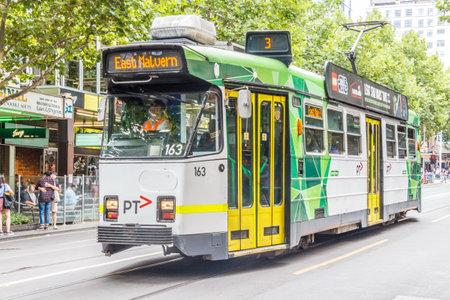 Melbourne, Australia - 21st February 2018: A modern electric tram. The city centre has a good...