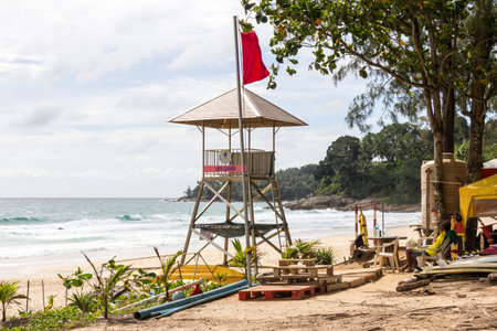 Phuket, Thailand - 20th June 2017: Lifeguard station on Surin beach. Most popular beaches on the island have lifeguards.のeditorial素材
